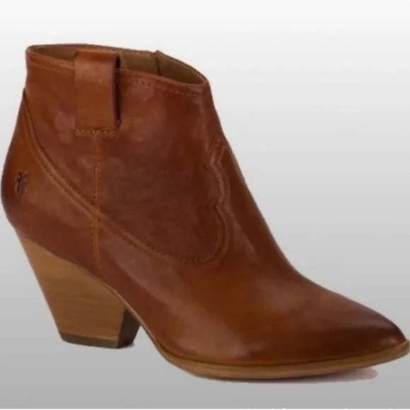 FRYE Reina Western Leather Cognac Booties - Picture 1 of 13